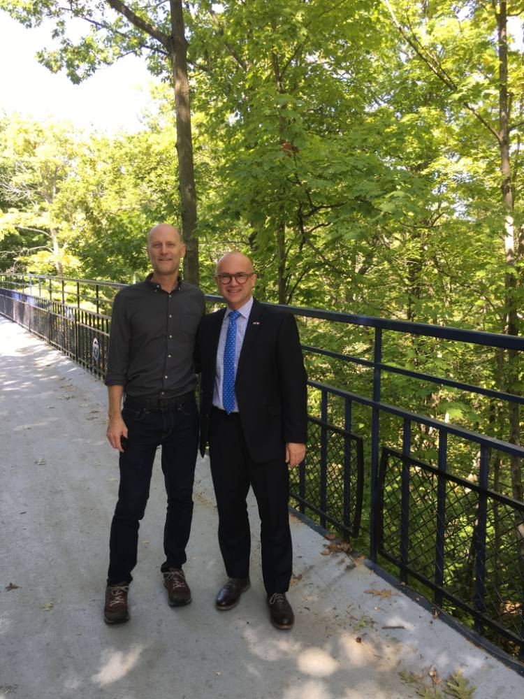 Professor Golembeski with Guillaume LaCroix on the Little Mac Bridge